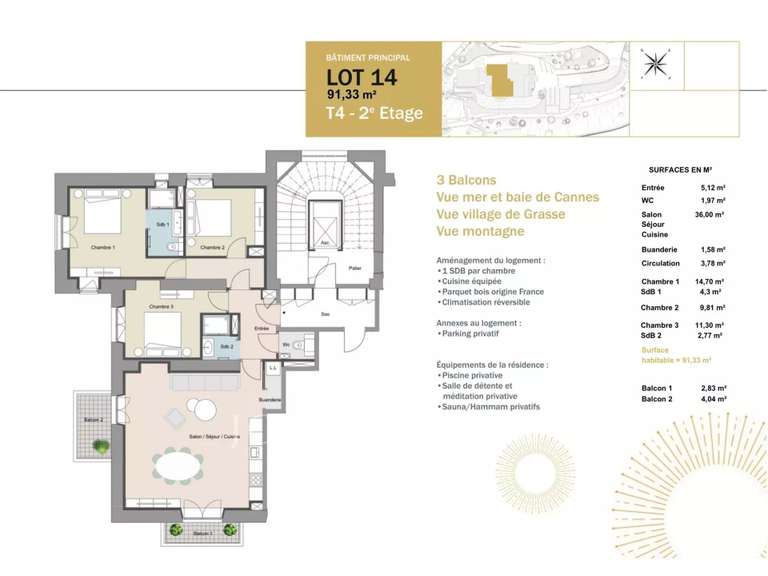 Appartement avec Vue sur mer Grasse - 3 chambres - 91m²