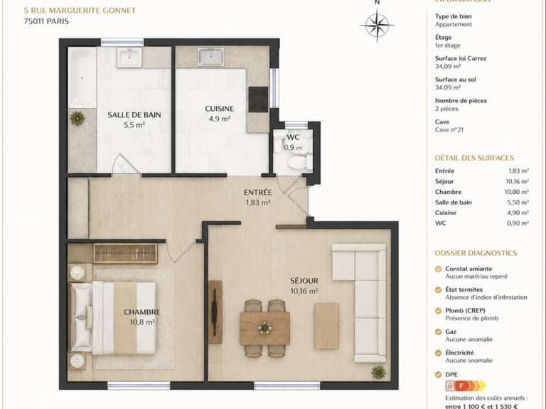 Appartement Paris 11e - 1 chambre - 34m²