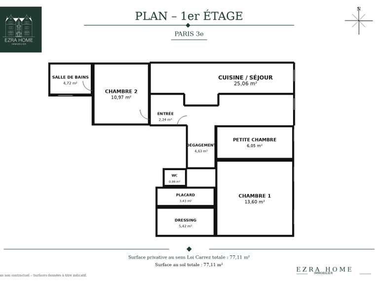 Appartement Paris 3e - 3 chambres - 77m²