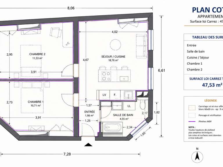 Appartement Paris 4e - 2 chambres - 48m²